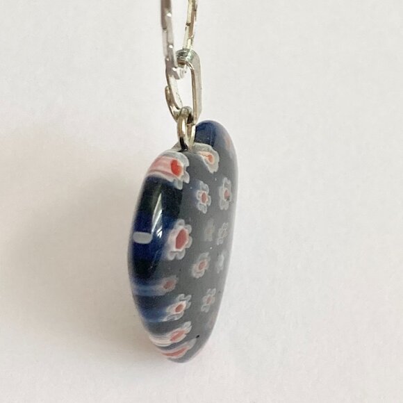 Blue Murano Glass Heart Necklace Millefiori Flowers Vintage Silver Plated 18" - Picture 4 of 10